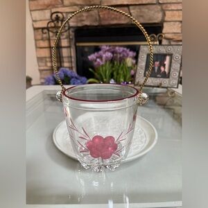 Vintage Elegant Glass Ice Bucket with Pink Floral Design